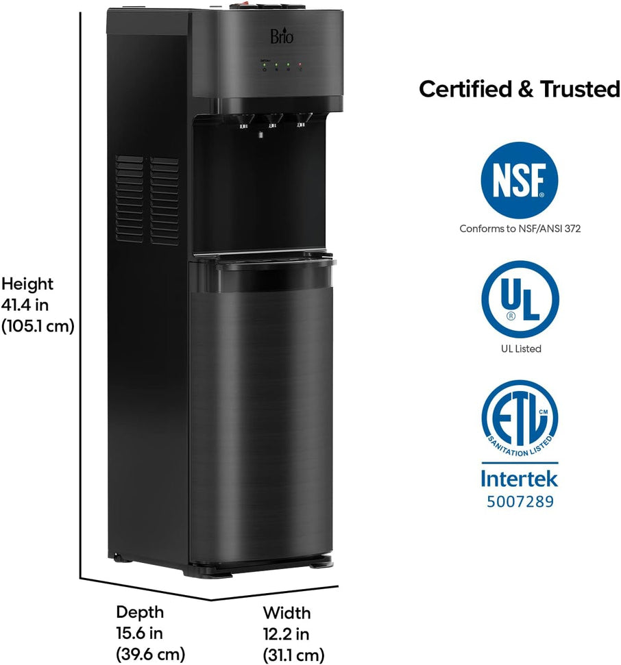 Self Cleaning Bottom Loading Water Cooler Water Dispenser Black Stainless Steel, 3 Temperature Settings, Hot, Room And Cold Water