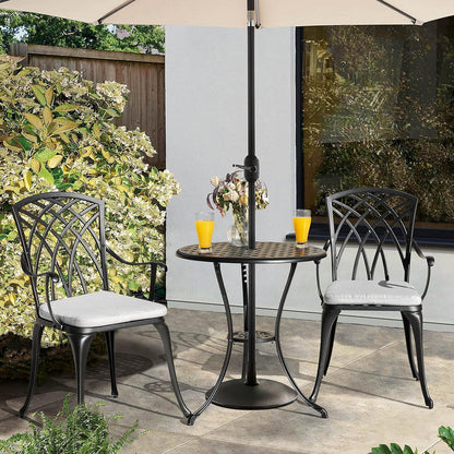 Nuu Garden Bistro Set 3 Piece Outdoor Cast Aluminum Patio Bistro Set Patio Table And Chairs Set Of 2 With Umbrella Hole And Gray Cushions, Black