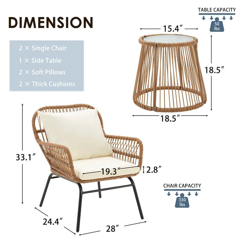 3-Piece Patio Conversation Bistro Set, Outdoor Rattan Furniture Set With Glass Table And 2 Wide Armchairs, Seat Cushions