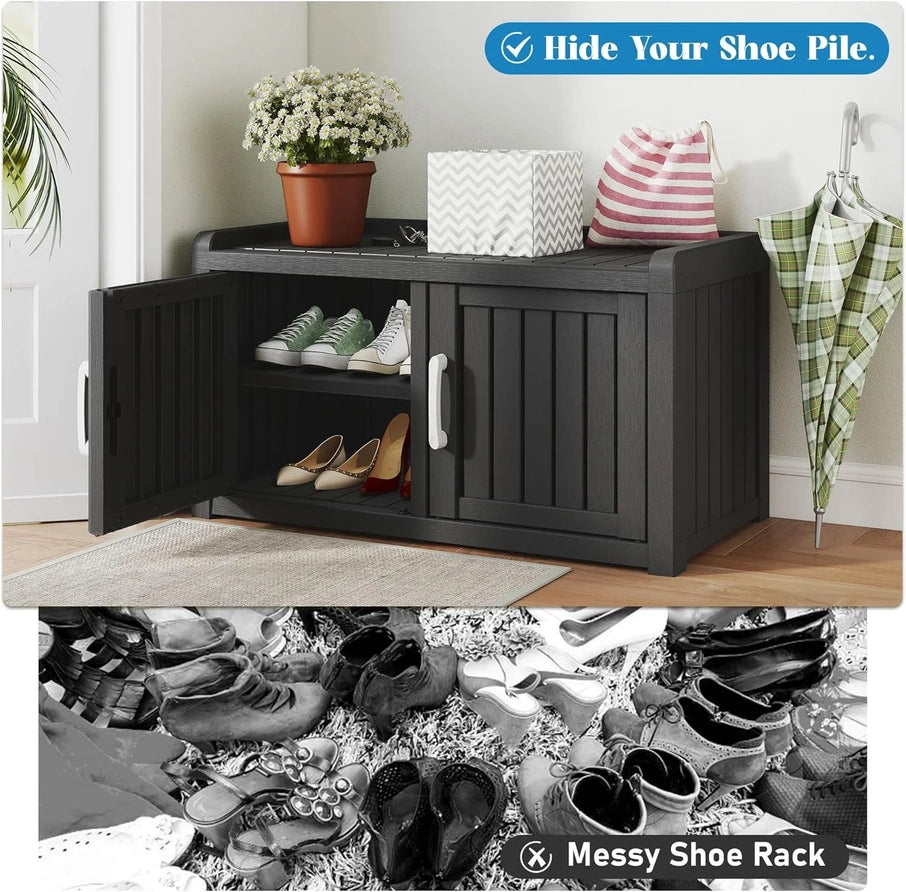 Kamaboko Outdoor Shoe Storage Cabinet, Waterproof UV-Resistant Entryway Storage Bench Indoor Outdoor With 2 Barn Doors