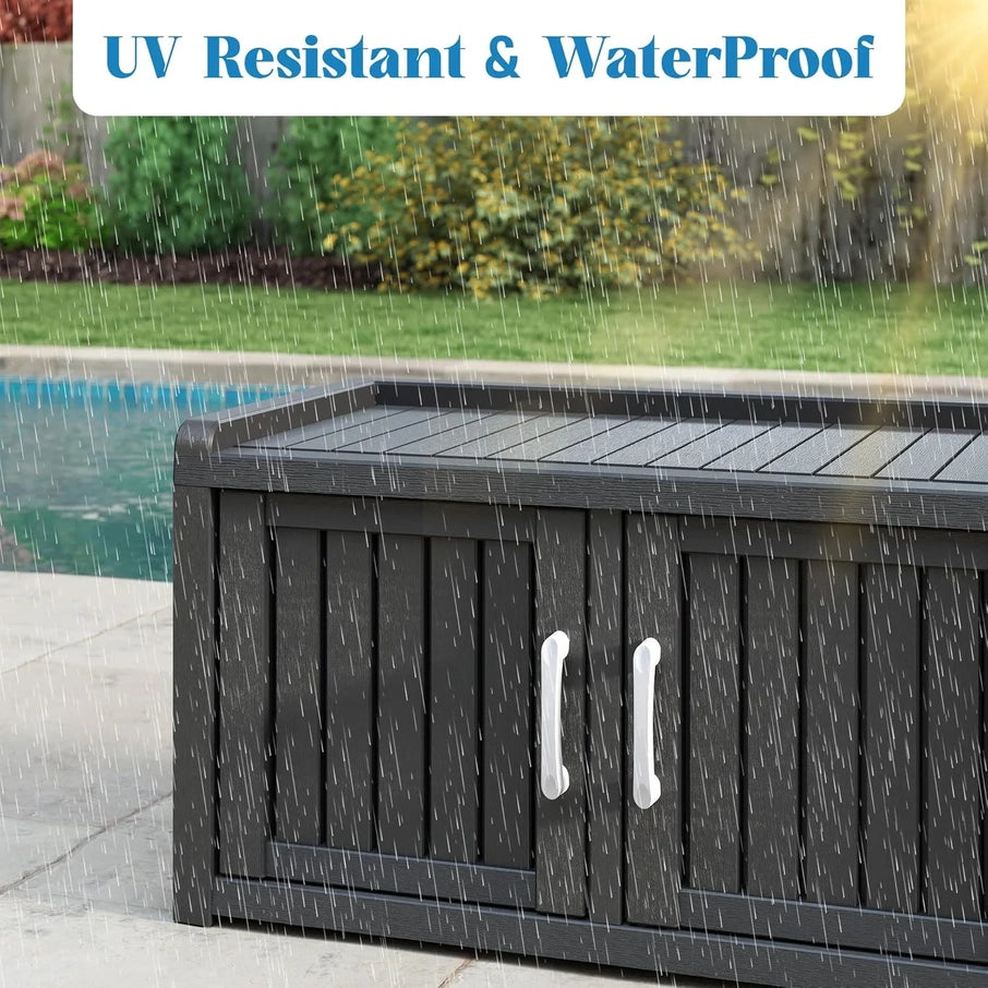 Kamaboko Outdoor Shoe Storage Cabinet, Waterproof UV-Resistant Entryway Storage Bench Indoor Outdoor With 2 Barn Doors