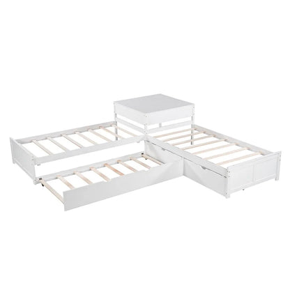 White Modern Twin Size L-Shaped Platform Bed With Trundle And Drawers For Bedroom