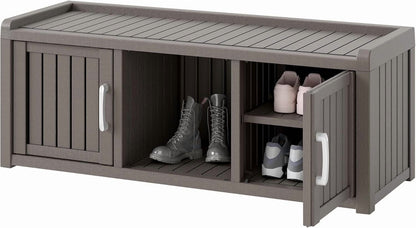 Kamaboko Outdoor Shoe Storage Cabinet, Waterproof UV-Resistant Entryway Storage Bench Indoor Outdoor With 2 Barn Doors