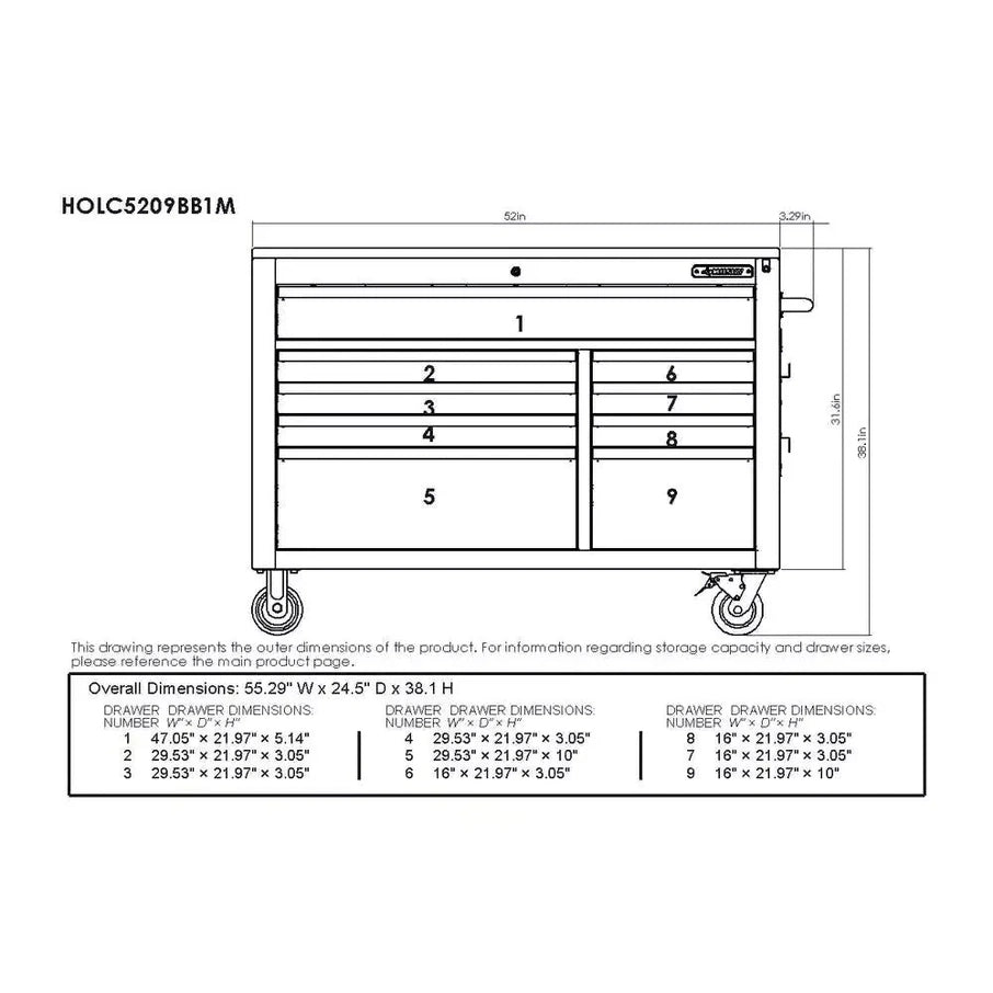Heavy-Duty 52 In. 9-Drawer Mobile Workbench With Adjustable-Height Solid Wood Top In Matte Blue