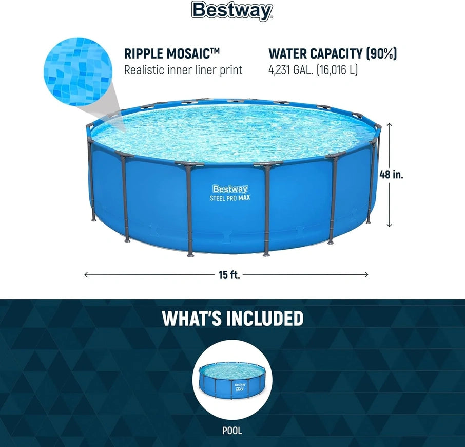 Steel Pro MAX 14 Ft. x 48 In. Round Metal Frame Above Ground Outdoor Swimming Pool Set With 1,000 Filter Pump, Ladder, And Cover, Gray