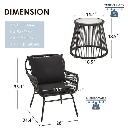 3-Piece Patio Conversation Bistro Set, Outdoor Rattan Furniture Set With Glass Table And 2 Wide Armchairs, Seat Cushions