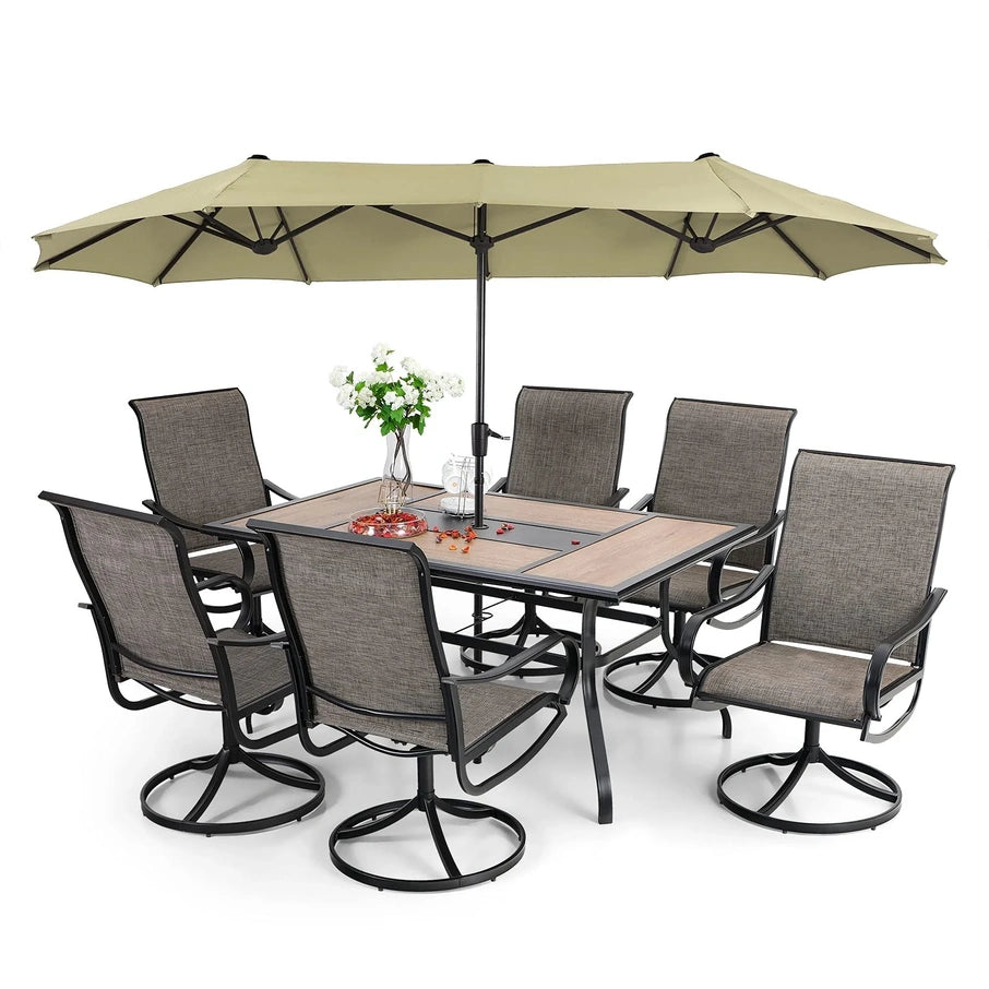 8-piece Patio Dining Set With Parasol, Garden Furniture Set With 6 Swivel Dining Chairs With Mesh Covers