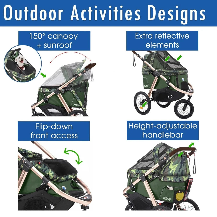 Jogging Sports Stroller With Comfort Rubber Wheels/Zipper-Less Entry/1-Hand Quick Fold/Aluminum Frame For Small/Medium Dogs, Cats And Pets, Green Camo