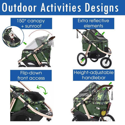 Jogging Sports Stroller With Comfort Rubber Wheels/Zipper-Less Entry/1-Hand Quick Fold/Aluminum Frame For Small/Medium Dogs, Cats And Pets, Green Camo