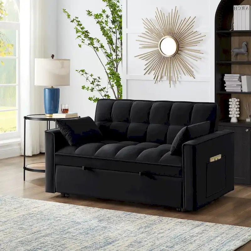 4 in1 Loveseat Sofa Bed With Armrests And Storage Pockets, Multi-Function Tufted Pull-Out Sofa Bed With Adjustable Backrest