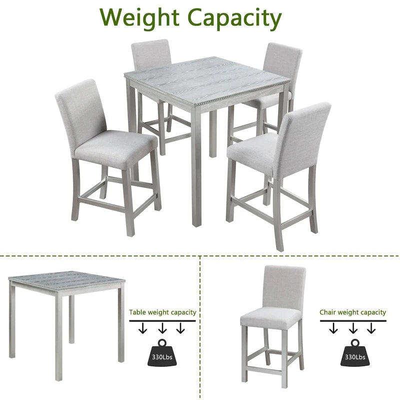 Modern 5-Piece Dining Set With Square Counter Height Table And 4 Upholstered Chairs