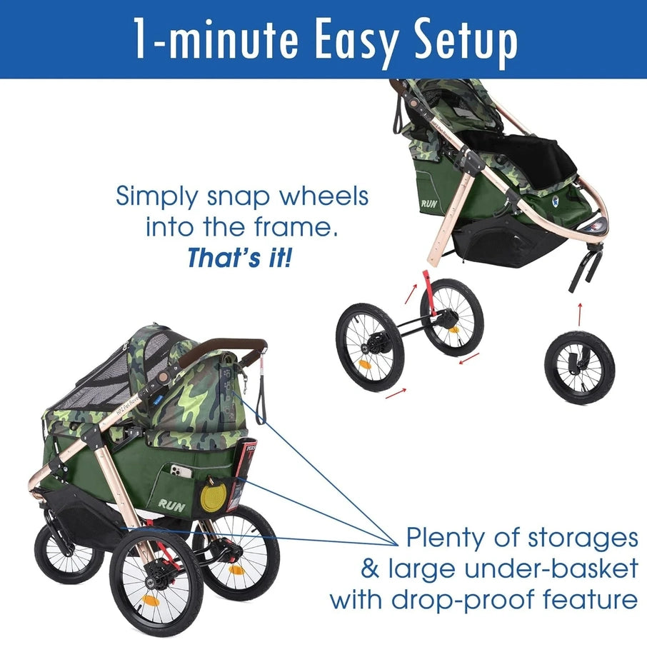 Jogging Sports Stroller With Comfort Rubber Wheels/Zipper-Less Entry/1-Hand Quick Fold/Aluminum Frame For Small/Medium Dogs, Cats And Pets, Green Camo