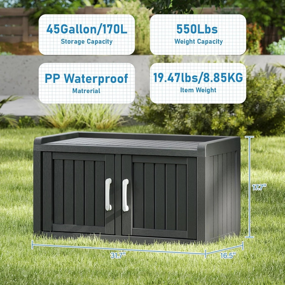 Kamaboko Outdoor Shoe Storage Cabinet, Waterproof UV-Resistant Entryway Storage Bench Indoor Outdoor With 2 Barn Doors