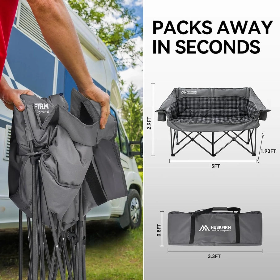 Double Camping Chairs Padded Loveseat Chair For 2 Person, Heavy Duty Oversized Camping Couch For Adults Outdoor Lawn Beach, Portable Folding