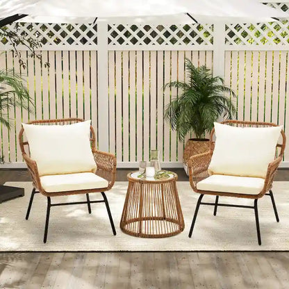 3-Piece Patio Conversation Bistro Set, Outdoor Rattan Furniture Set With Glass Table And 2 Wide Armchairs, Seat Cushions