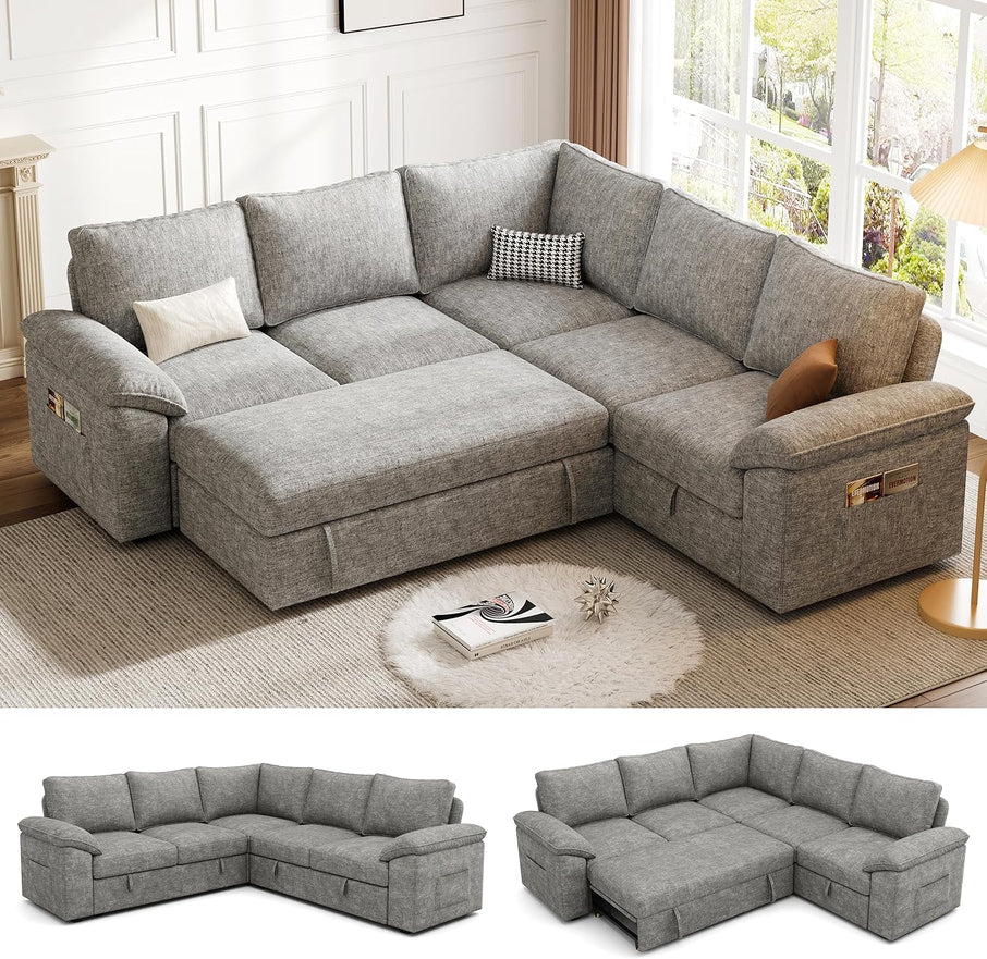 108 In. Sectional Sleeper Sofa With Pull Out Bed, U Shaped 7 Seat Modular Sectional Sofa
