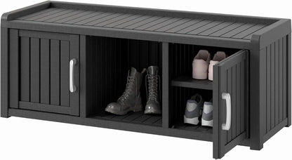 Kamaboko Outdoor Shoe Storage Cabinet, Waterproof UV-Resistant Entryway Storage Bench Indoor Outdoor With 2 Barn Doors