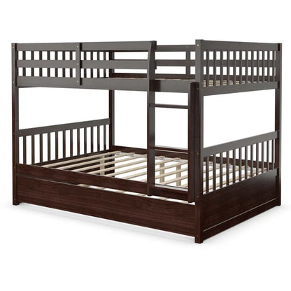 Solid Wood Full Over Full Bunk Bed Frame With Trundle, Safety Ladder And Guardrails, Convertible Bunk Bed For Kids Teens
