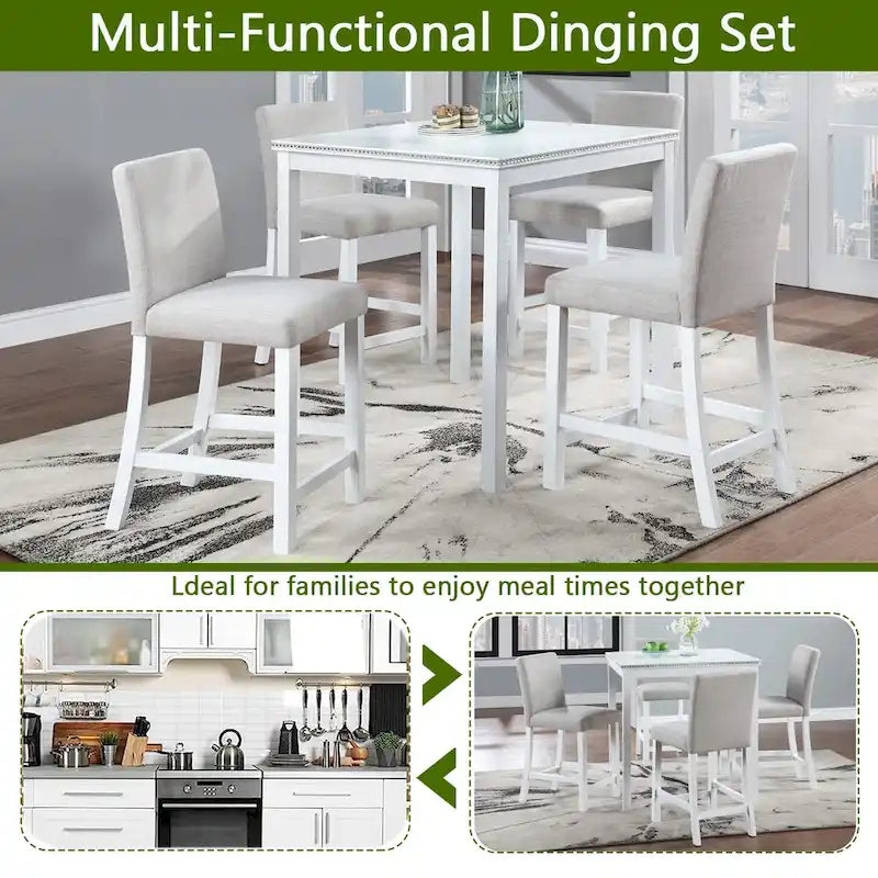 Modern 5-Piece Dining Set With Square Counter Height Table And 4 Upholstered Chairs