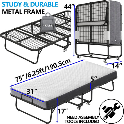 Folding Bed With Mattress 75 In. x 31 In. Cot Size Folded Bed