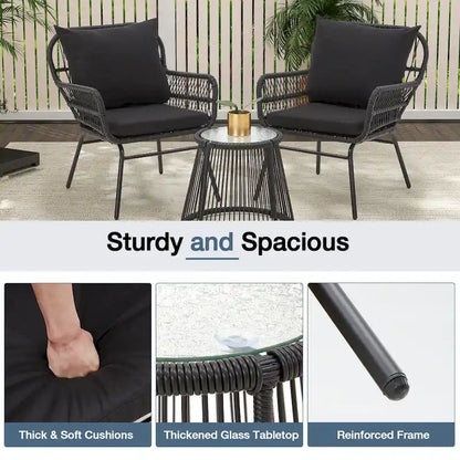 3-Piece Patio Conversation Bistro Set, Outdoor Rattan Furniture Set With Glass Table And 2 Wide Armchairs, Seat Cushions