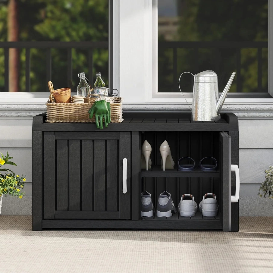 Kamaboko Outdoor Shoe Storage Cabinet, Waterproof UV-Resistant Entryway Storage Bench Indoor Outdoor With 2 Barn Doors