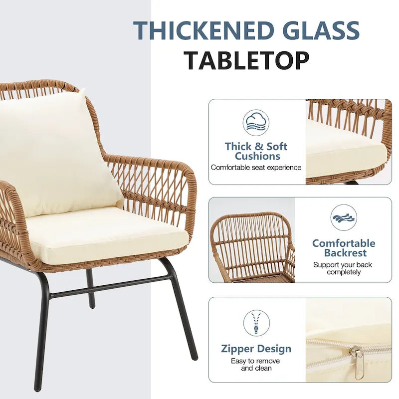 3-Piece Patio Conversation Bistro Set, Outdoor Rattan Furniture Set With Glass Table And 2 Wide Armchairs, Seat Cushions