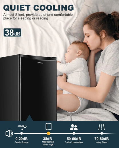 Upstreman 3.2 Cu. Ft. Mini Fridge With Freezer, Single Door Mini Fridge, Dorm Fridge, Adjustable Thermostat, Black-BR321