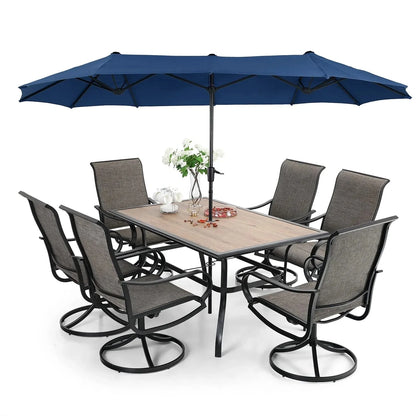 8-piece Patio Dining Set With Parasol, Garden Furniture Set With 6 Swivel Dining Chairs With Mesh Covers