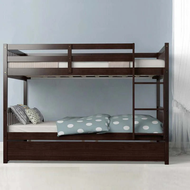 Solid Wood Full Over Full Bunk Bed Frame With Trundle, Safety Ladder And Guardrails, Convertible Bunk Bed For Kids Teens