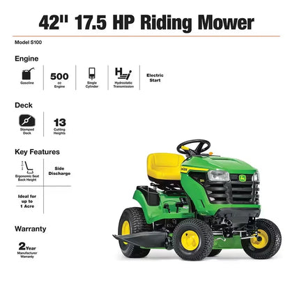 John Deere S100 Ride-On Lawnmower, 107 Cm, 42 In. Cutting Width C 17.5 Hp Petrol Hydrostatic Drive