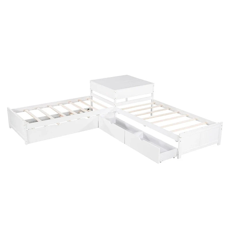White Modern Twin Size L-Shaped Platform Bed With Trundle And Drawers For Bedroom