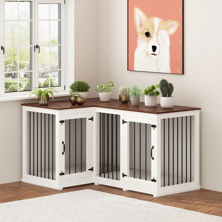 Large Corner Dog Crate Furniture For 2 Dogs, L Shape Dog Crate Cage, 58.7X41.1