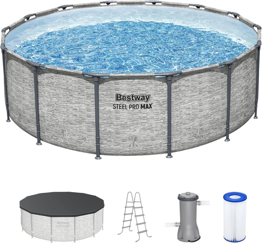 Steel Pro MAX 14 Ft. x 48 In. Round Metal Frame Above Ground Outdoor Swimming Pool Set With 1,000 Filter Pump, Ladder, And Cover, Gray