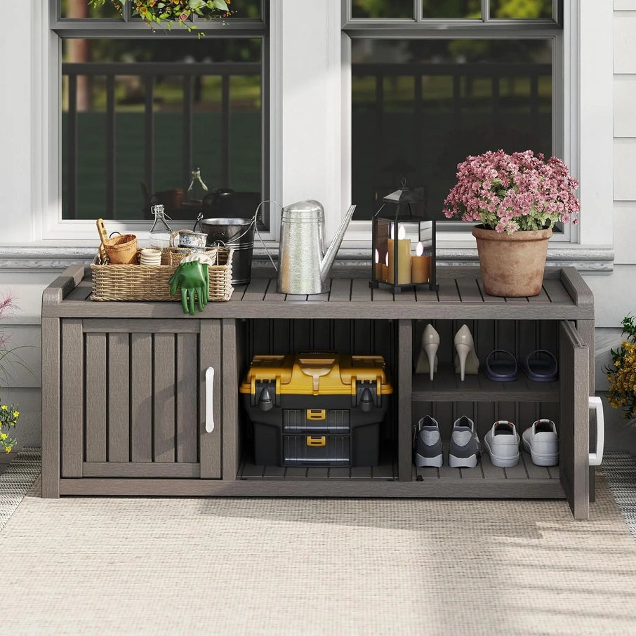 Kamaboko Outdoor Shoe Storage Cabinet, Waterproof UV-Resistant Entryway Storage Bench Indoor Outdoor With 2 Barn Doors