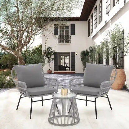 3-Piece Patio Conversation Bistro Set, Outdoor Rattan Furniture Set With Glass Table And 2 Wide Armchairs, Seat Cushions