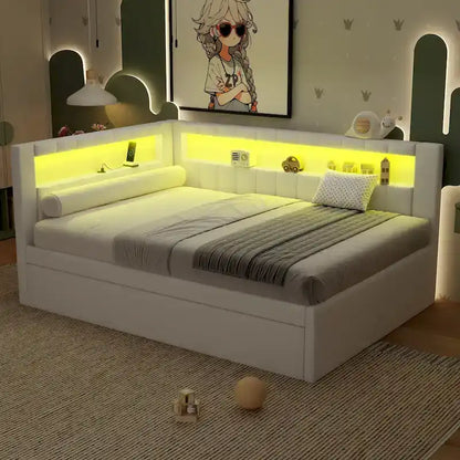 Upholstered Platform Bed With USB Ports And LED Lighting, Full/Twin Size Bed Frame With 2 Storage Drawers, Modern Bedroom