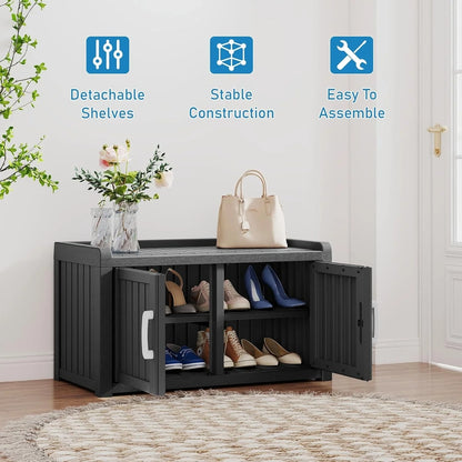 Kamaboko Outdoor Shoe Storage Cabinet, Waterproof UV-Resistant Entryway Storage Bench Indoor Outdoor With 2 Barn Doors