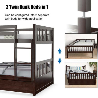 Solid Wood Full Over Full Bunk Bed Frame With Trundle, Safety Ladder And Guardrails, Convertible Bunk Bed For Kids Teens