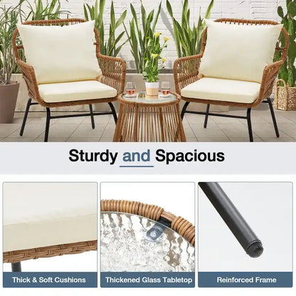 3-Piece Patio Conversation Bistro Set, Outdoor Rattan Furniture Set With Glass Table And 2 Wide Armchairs, Seat Cushions