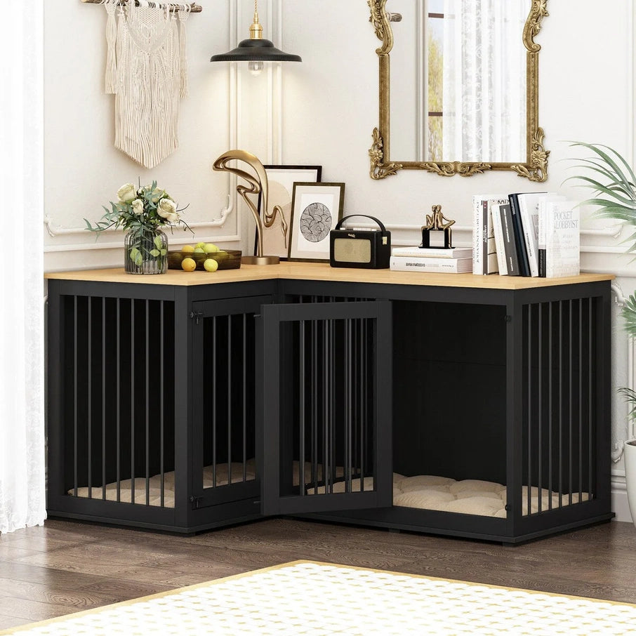 Large Corner Dog Crate Furniture For 2 Dogs, L Shape Dog Crate Cage, 58.7X41.1