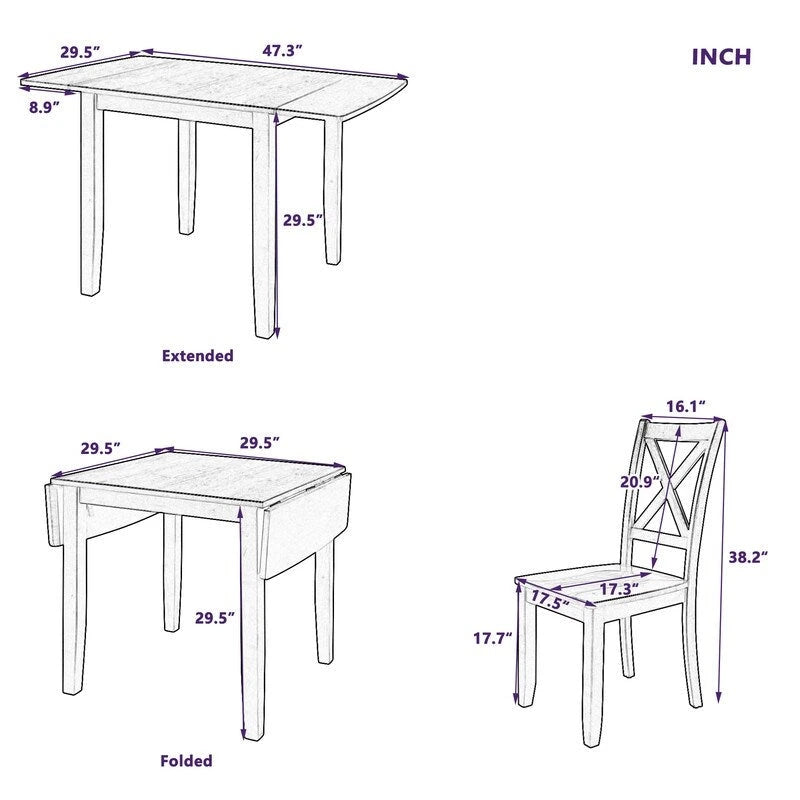 3-Piece Wood Drop Leaf Breakfast Nook Dining Table Set With 2 x-Back Chairs For Small Places