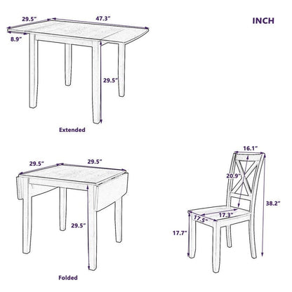 3-Piece Wood Drop Leaf Breakfast Nook Dining Table Set With 2 x-Back Chairs For Small Places