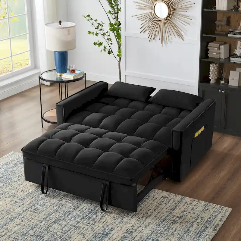 4 in1 Loveseat Sofa Bed With Armrests And Storage Pockets, Multi-Function Tufted Pull-Out Sofa Bed With Adjustable Backrest